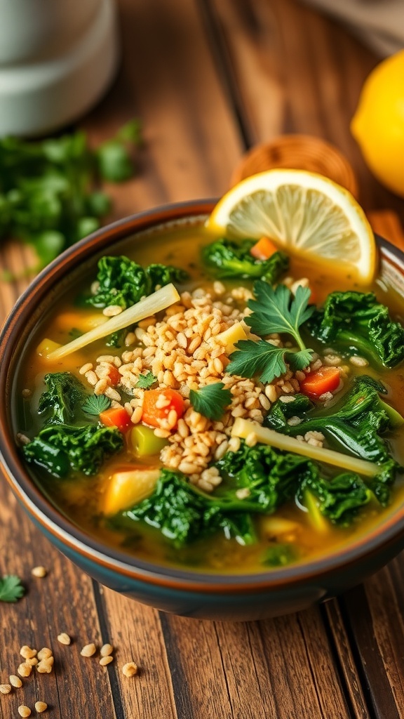 Hearty Kale and Quinoa Soup Recipe A bowl of kale and quinoa soup with fresh parsley and lemon slice, on a rustic wooden table.